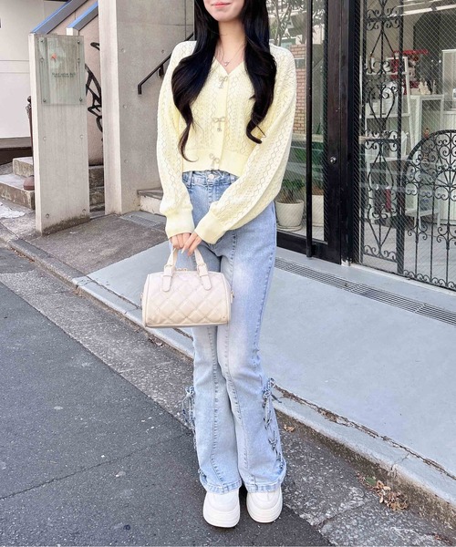 INGNI（イング）の「パターンメッシュリボンボタンニットカーディガン（カーディガン/ボレロ・レディース・ネイビー/イエロー/オフホワイト/レッド/ピンク・M）」の22枚目の写真