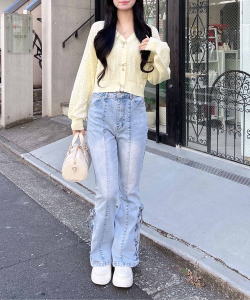 INGNI（イング）の「パターンメッシュリボンボタンニットカーディガン（カーディガン/ボレロ・レディース・ネイビー/イエロー/オフホワイト/レッド/ピンク・M）」の21枚目の写真