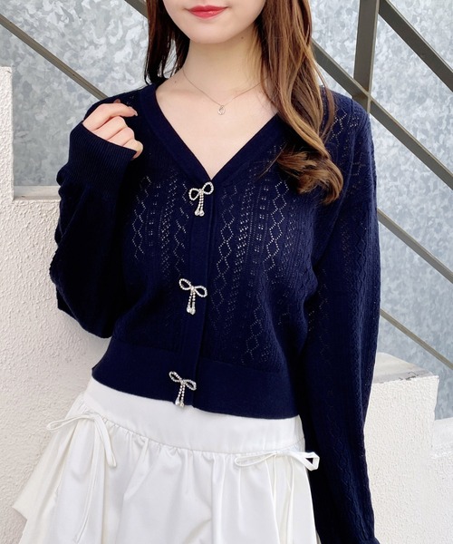 INGNI（イング）の「パターンメッシュリボンボタンニットカーディガン（カーディガン/ボレロ・レディース・ネイビー/イエロー/オフホワイト/レッド/ピンク・M）」の9枚目の写真