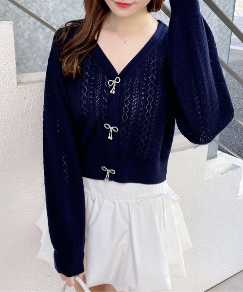 INGNI（イング）の「パターンメッシュリボンボタンニットカーディガン（カーディガン/ボレロ・レディース・ネイビー/イエロー/オフホワイト/レッド/ピンク・M）」の11枚目の写真