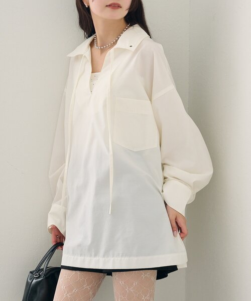 mystic（ミスティック）の「襟付きスキッパーシャツ（シャツ/ブラウス・レディース・ブルー/オフホワイト/イエロー・FREE）」の4枚目の写真