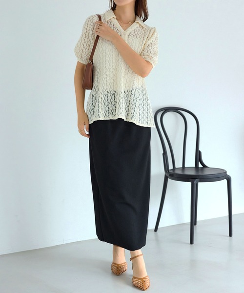 alotta(アロッタ)の「総レーススキッパーポロチュニック(ポロシャツ・レディース・ブラック/アイボリー・M/L/LL)」の5枚目の写真