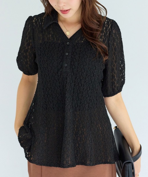 alotta(アロッタ)の「総レーススキッパーポロチュニック(ポロシャツ・レディース・ブラック/アイボリー・M/L/LL)」の12枚目の写真