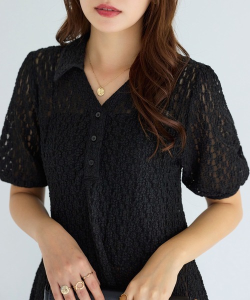 alotta(アロッタ)の「総レーススキッパーポロチュニック(ポロシャツ・レディース・ブラック/アイボリー・M/L/LL)」の16枚目の写真