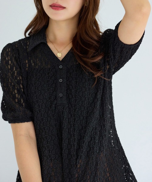 alotta(アロッタ)の「総レーススキッパーポロチュニック(ポロシャツ・レディース・ブラック/アイボリー・M/L/LL)」の14枚目の写真
