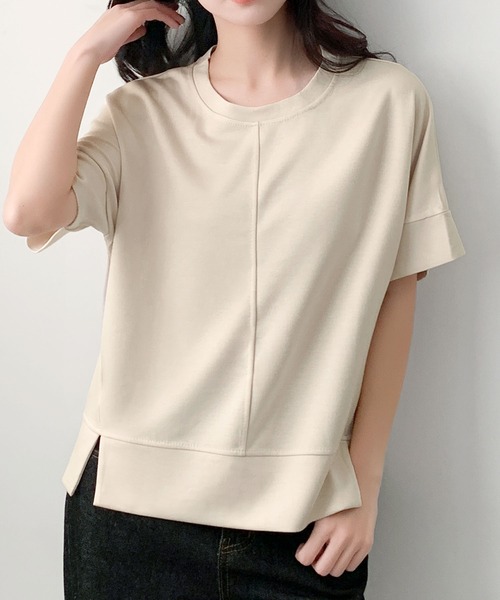 LOWO（ロワ）の「ボックスシルエットスウェットトップス 半袖（Tシャツ/カットソー・レディース・ベージュ/オフホワイト/ブラック・FREE）」の3枚目の写真