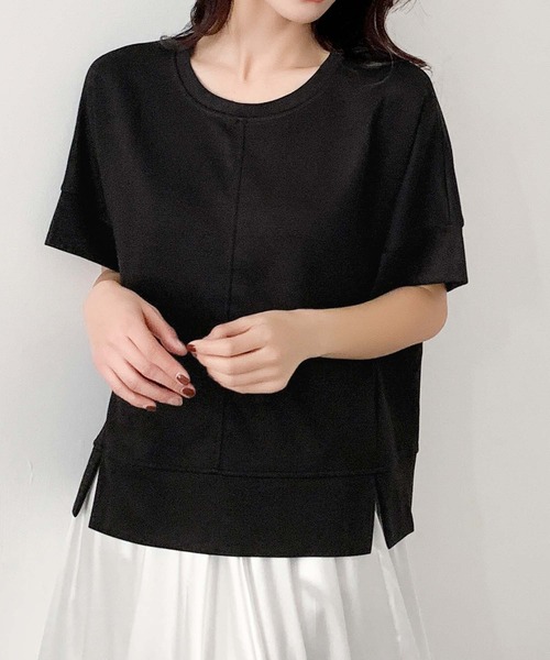 LOWO（ロワ）の「ボックスシルエットスウェットトップス 半袖（Tシャツ/カットソー・レディース・ベージュ/オフホワイト/ブラック・FREE）」の2枚目の写真