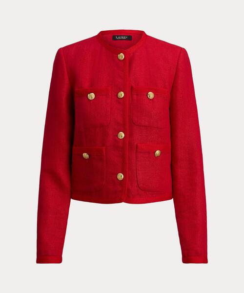 LAUREN RALPH LAUREN(ローレン ラルフ ローレン)の「リネン ヘリンボーン クロップド ジャケット(ノーカラージャケット・レディース・レッド・0/00/2/4/6/8)」の2枚目の写真