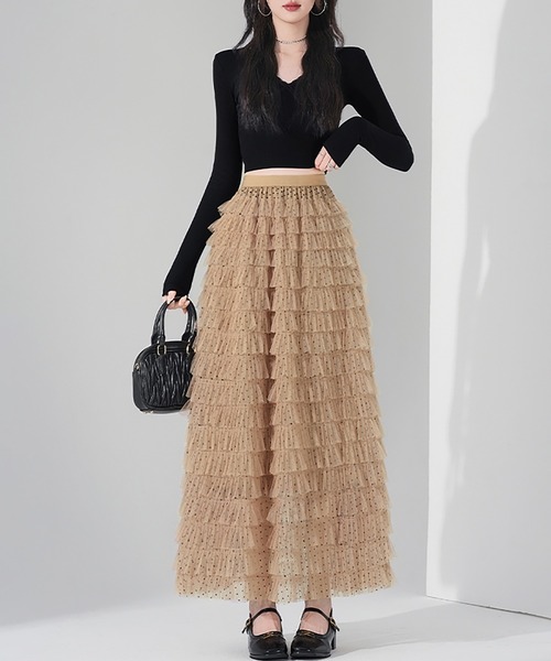 LAFFMO（ラフモ）の「ドット柄チュールティアードフリルロングスカート（スカート・レディース・キャメル/ベージュ/ブラック・F）」の3枚目の写真