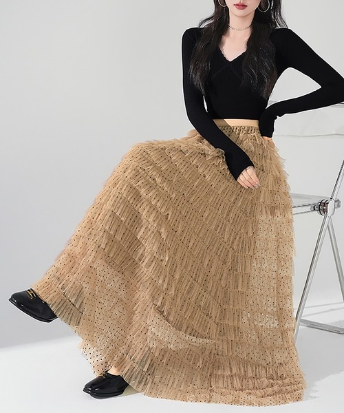 LAFFMO（ラフモ）の「ドット柄チュールティアードフリルロングスカート（スカート・レディース・キャメル/ベージュ/ブラック・F）」の15枚目の写真