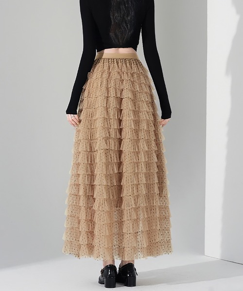 LAFFMO（ラフモ）の「ドット柄チュールティアードフリルロングスカート（スカート・レディース・キャメル/ベージュ/ブラック・F）」の16枚目の写真