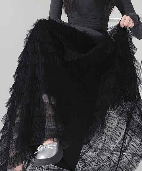 LAFFMO（ラフモ）の「ドット柄チュールティアードフリルロングスカート（スカート・レディース・キャメル/ベージュ/ブラック・F）」の8枚目の写真