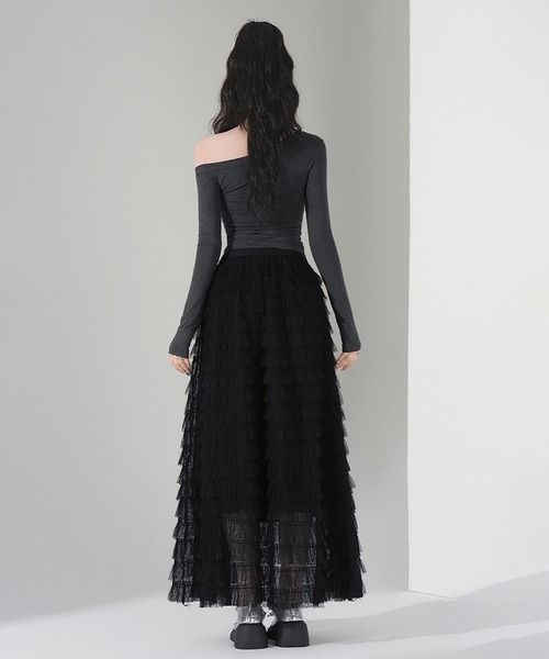 LAFFMO（ラフモ）の「ドット柄チュールティアードフリルロングスカート（スカート・レディース・キャメル/ベージュ/ブラック・F）」の9枚目の写真