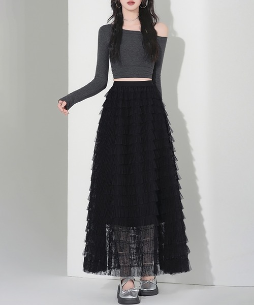 LAFFMO（ラフモ）の「ドット柄チュールティアードフリルロングスカート（スカート・レディース・キャメル/ベージュ/ブラック・F）」の4枚目の写真