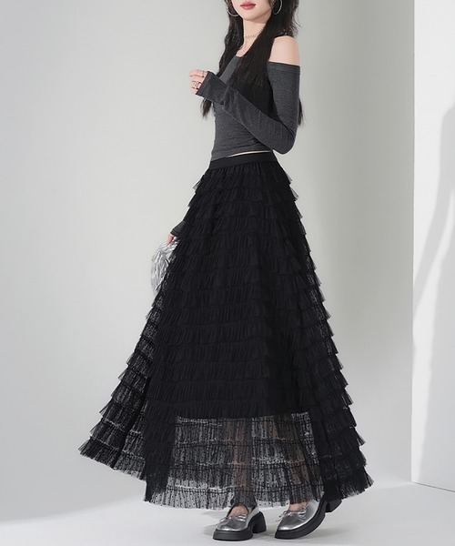 LAFFMO（ラフモ）の「ドット柄チュールティアードフリルロングスカート（スカート・レディース・キャメル/ベージュ/ブラック・F）」の7枚目の写真