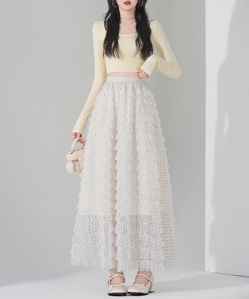 LAFFMO（ラフモ）の「ドット柄チュールティアードフリルロングスカート（スカート・レディース・キャメル/ベージュ/ブラック・F）」の10枚目の写真