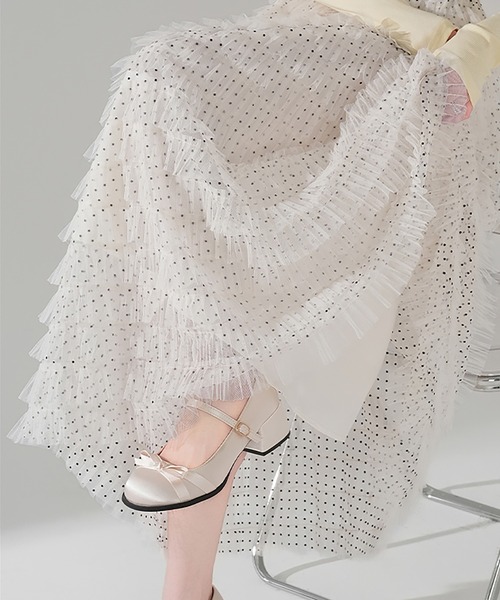 LAFFMO（ラフモ）の「ドット柄チュールティアードフリルロングスカート（スカート・レディース・キャメル/ベージュ/ブラック・F）」の13枚目の写真