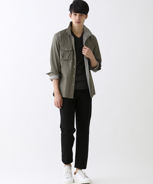 ABAHOUSE（アバハウス）の「ツイルシャンブレースタンドシャツ（シャツ/ブラウス・メンズ・カーキ/ベージュ/ネイビー・2/4/3）」の6枚目の写真