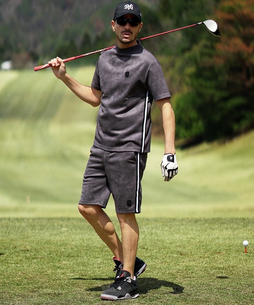 DIVINER GOLF(ディバイナー ゴルフ)の「【DIVINER GOLF】フェイクスウェード半袖モックネックセットアップ メンズ ゴルフウェア 上下セット 半袖Tシャツ ハーフパンツ 夏服(ゴルフグッズ・メンズ・ライトグレー/チャコールグレー/オフホワイト・L/M/XL/XXL)」の1枚目の写真