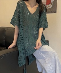 【全4色】オーバーサイズ かぎ針編み風 Vネック チュニック フリンジ付き&サイドリボン付き