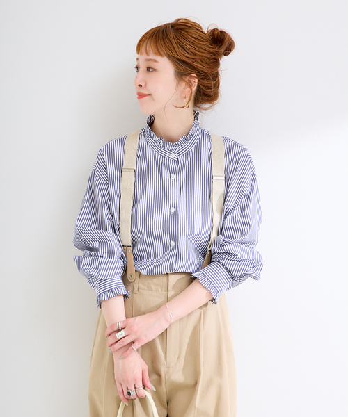 B.C STOCK(ベーセーストック)の「《追加8》【WEB限定】手洗い可 / スタンドフリルブラウス(シャツ/ブラウス・レディース・ネイビー/ブラック系その他・FREE)」の12枚目の写真