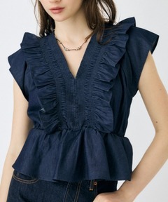SHIRRING RUFFLE PEPLUM トップス / ブルー（シャツ/ブラウス 