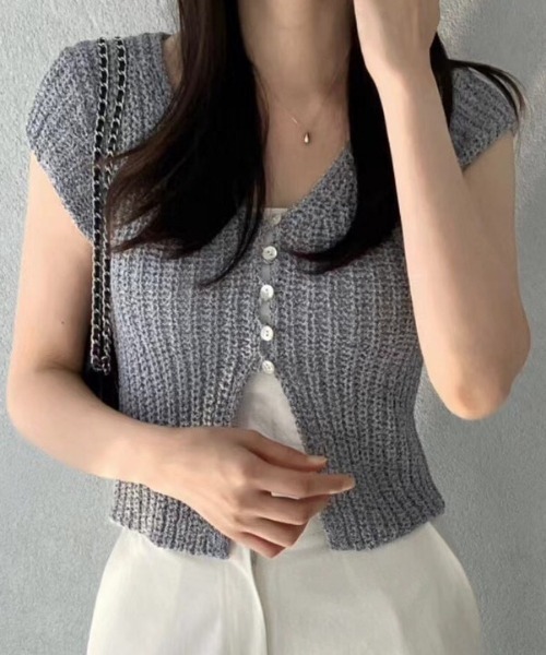 NANEA(ナネア)の「フロントスリットサマーリブニット半袖トップス/カーディガン(カーディガン/ボレロ・レディース・グレー/ブラック/ホワイト・フリー)」の1枚目の写真