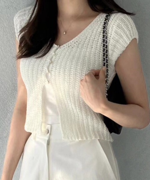 NANEA(ナネア)の「フロントスリットサマーリブニット半袖トップス/カーディガン(カーディガン/ボレロ・レディース・グレー/ブラック/ホワイト・フリー)」の2枚目の写真