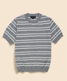 コットン/ナイロン ダブルストライプ ショートスリーブ クルーネック サマーセーター