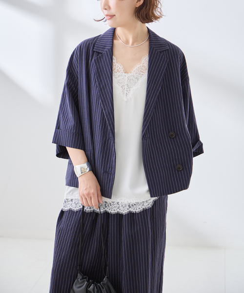journal standard L'essage(ジャーナルスタンダードレサージュ)の「シルクMIXシアー&ストライプジャケット(テーラードジャケット・レディース・ネイビー/ホワイト・FREE)」の2枚目の写真