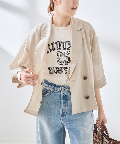 journal standard L'essage(ジャーナルスタンダードレサージュ)の「シルクMIXシアー&ストライプジャケット(テーラードジャケット・レディース・ネイビー/ホワイト・FREE)」の1枚目の写真