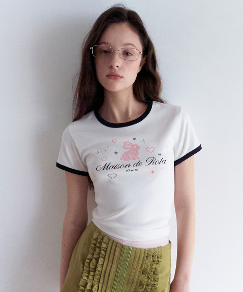 ROLAROLA(ロラロラ)の「RORABBIT FRIENDS RINGER T-SHIRT WHITE(Tシャツ/カットソー・レディース・ホワイト・MEDIUM/SMALL)」の1枚目の写真