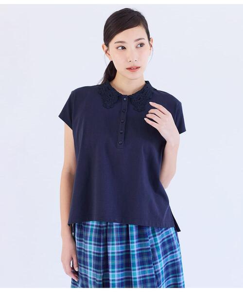 NEWYORKER（ニューヨーカー）の「【遮熱】プレーディング天竺 レース衿付き2WAYプルオーバー（Tシャツ/カットソー・レディース・サックスブルー/ブラック/ネイビー・LARGE/MEDIUM）」の2枚目の写真