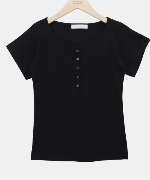 VIVID LADY（ビビッドレディー）の「ヘンリーネック 半袖Tシャツ（Tシャツ/カットソー・レディース・チャコールグレー/グレー/パープル/アイボリー/ネイビー/ブラック・FREE）」の12枚目の写真