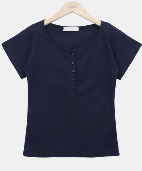 VIVID LADY（ビビッドレディー）の「ヘンリーネック 半袖Tシャツ（Tシャツ/カットソー・レディース・チャコールグレー/グレー/パープル/アイボリー/ネイビー/ブラック・FREE）」の14枚目の写真