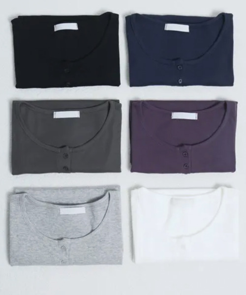 VIVID LADY（ビビッドレディー）の「ヘンリーネック 半袖Tシャツ（Tシャツ/カットソー・レディース・チャコールグレー/グレー/パープル/アイボリー/ネイビー/ブラック・FREE）」の19枚目の写真
