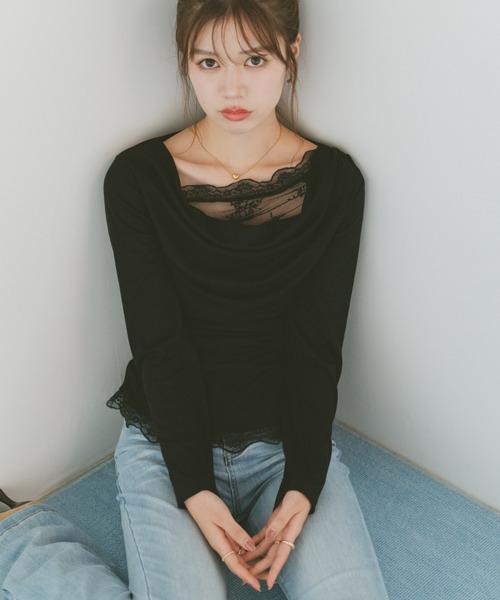 VANNIE U(ヴァニーユー)の「レースレイヤードドレープカットソー(Tシャツ/カットソー・レディース・アイボリー/ブラック・FREE)」の2枚目の写真