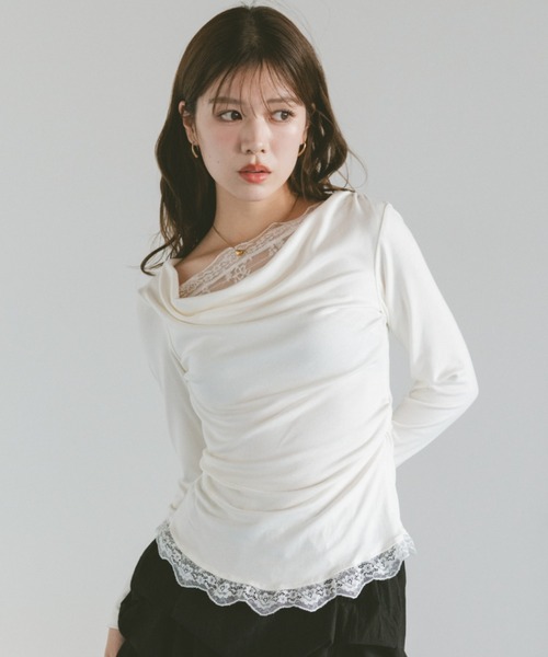 VANNIE U(ヴァニーユー)の「レースレイヤードドレープカットソー(Tシャツ/カットソー・レディース・アイボリー/ブラック・FREE)」の3枚目の写真