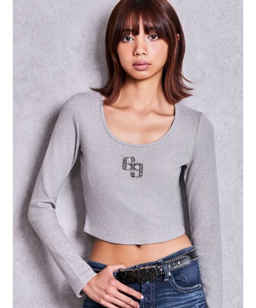 GYDA(ジェイダ)の「GGロゴラインストーンラメテレコ long sleeveトップス/ロンT(Tシャツ/カットソー・レディース・グレー/ブラック/オフホワイト・FREE)」の3枚目の写真