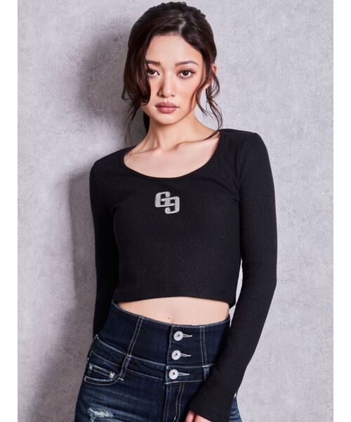 GYDA(ジェイダ)の「GGロゴラインストーンラメテレコ long sleeveトップス/ロンT(Tシャツ/カットソー・レディース・グレー/ブラック/オフホワイト・FREE)」の10枚目の写真