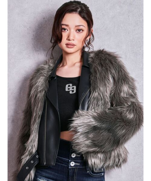 GYDA(ジェイダ)の「GGロゴラインストーンラメテレコ long sleeveトップス/ロンT(Tシャツ/カットソー・レディース・グレー/ブラック/オフホワイト・FREE)」の9枚目の写真