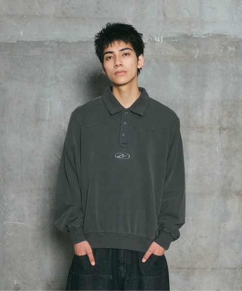 ILL'S(イルズ)の「裏毛 グランジ加工 ポロスウェット メンズ レディース ユニセックス(スウェット・メンズ・グレー/チャコールグレー・M/L)」の2枚目の写真
