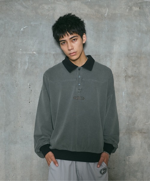 ILL'S(イルズ)の「裏毛 グランジ加工 ポロスウェット メンズ レディース ユニセックス(スウェット・メンズ・グレー/チャコールグレー・M/L)」の4枚目の写真