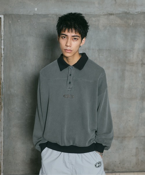 ILL'S(イルズ)の「裏毛 グランジ加工 ポロスウェット メンズ レディース ユニセックス(スウェット・メンズ・グレー/チャコールグレー・M/L)」の3枚目の写真