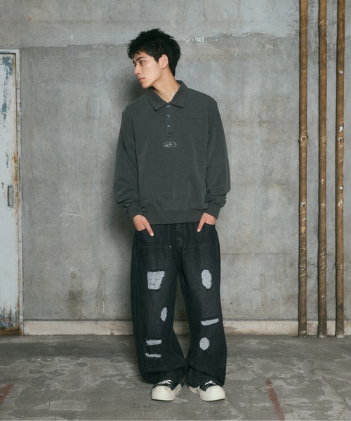 ILL'S(イルズ)の「裏毛 グランジ加工 ポロスウェット メンズ レディース ユニセックス(スウェット・メンズ・グレー/チャコールグレー・M/L)」の19枚目の写真