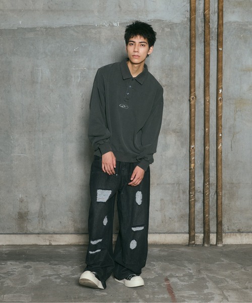 ILL'S(イルズ)の「裏毛 グランジ加工 ポロスウェット メンズ レディース ユニセックス(スウェット・メンズ・グレー/チャコールグレー・M/L)」の20枚目の写真