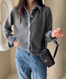 デニム切替 フェイクレイヤードニットカーディガン