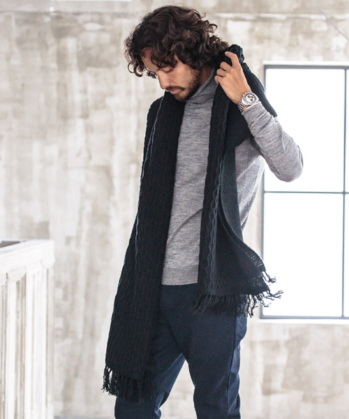 CAMBIO（カンビオ）の「mko4859 - パターン切り替え大判ストール（ストール/ショール・メンズ・ベージュ/ネイビー/ブラック/チャコール/グレー・FREE）」の14枚目の写真