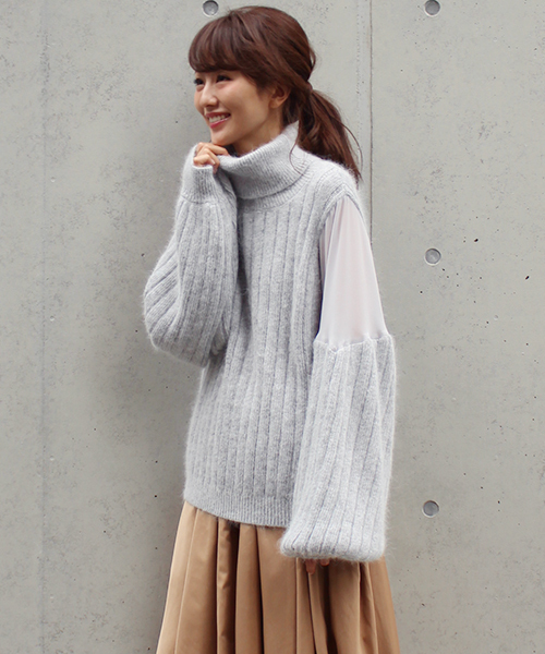 MICOAMERI(ミコアメリ)の「シースルーコンビタートルニット(ニット/セーター・レディース・グレー/ホワイト/ピンク・FREE)」の2枚目の写真