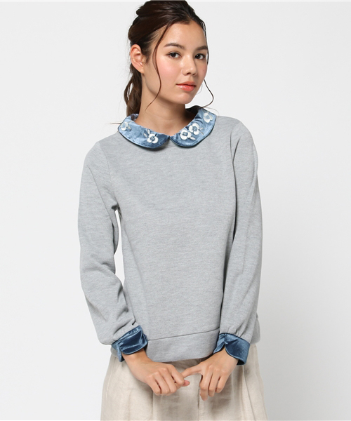 POU DOU DOU（プードゥドゥ）の「ベロア刺繍衿プルオーバー（Tシャツ/カットソー・レディース・ブルー/グレー/ブラック・3）」の3枚目の写真